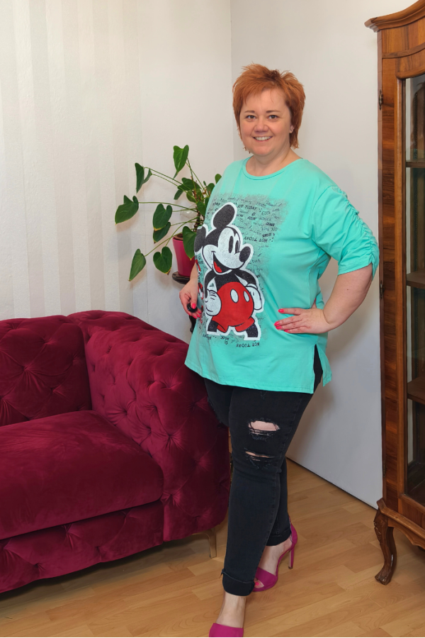 Bavlnený top s potlačou Mickeyho - tyrkysový